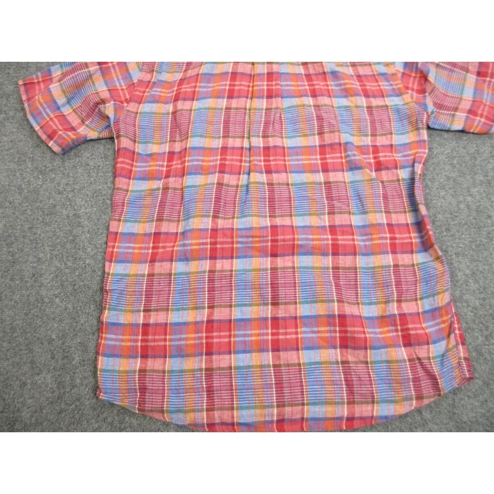 Orvis Shirt Mens Medium Red Plaid Linen Madras Button Up Casual Lightweight